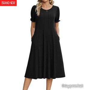 Summer Midi Dress with Puff Sleeves and Pockets, Polyester Spandex